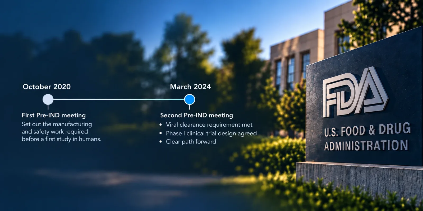 Timeline of VirTech Bio's two Pre-IND meetings with the FDA. October 2020, first Pre-IND meeting: set out the manufacturing and safety work required before a first study in humans. March 2024, second Pre-IND meeting: viral clearance requirement met, Phase I clinical trial design agreed, clear path forward.