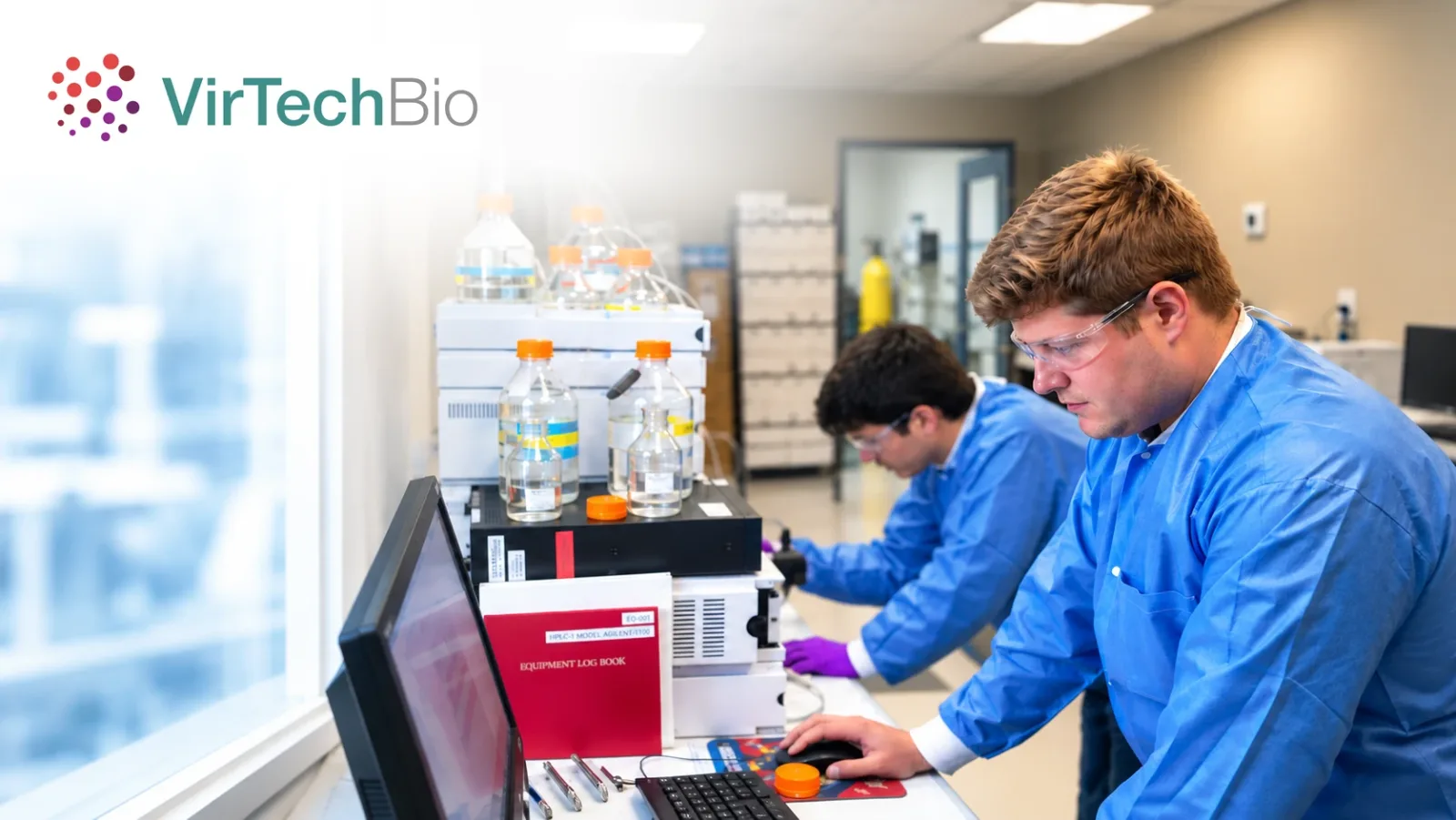 Two scientists in blue lab coats and safety glasses working at an HPLC instrument on a laboratory bench, with the VirTech Bio logo in the top corner.
