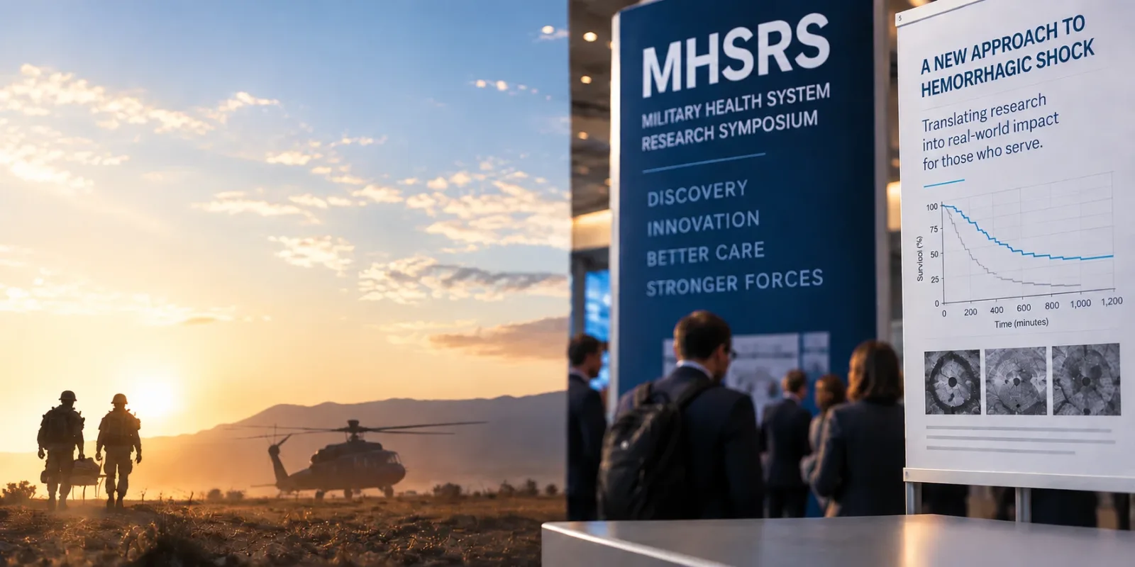 A Military Health System Research Symposium banner reading Discovery, Innovation, Better Care, Stronger Forces, beside a poster titled A New Approach to Hemorrhagic Shock with a survival curve; in the background, two soldiers carry a casualty towards a helicopter at sunset.
